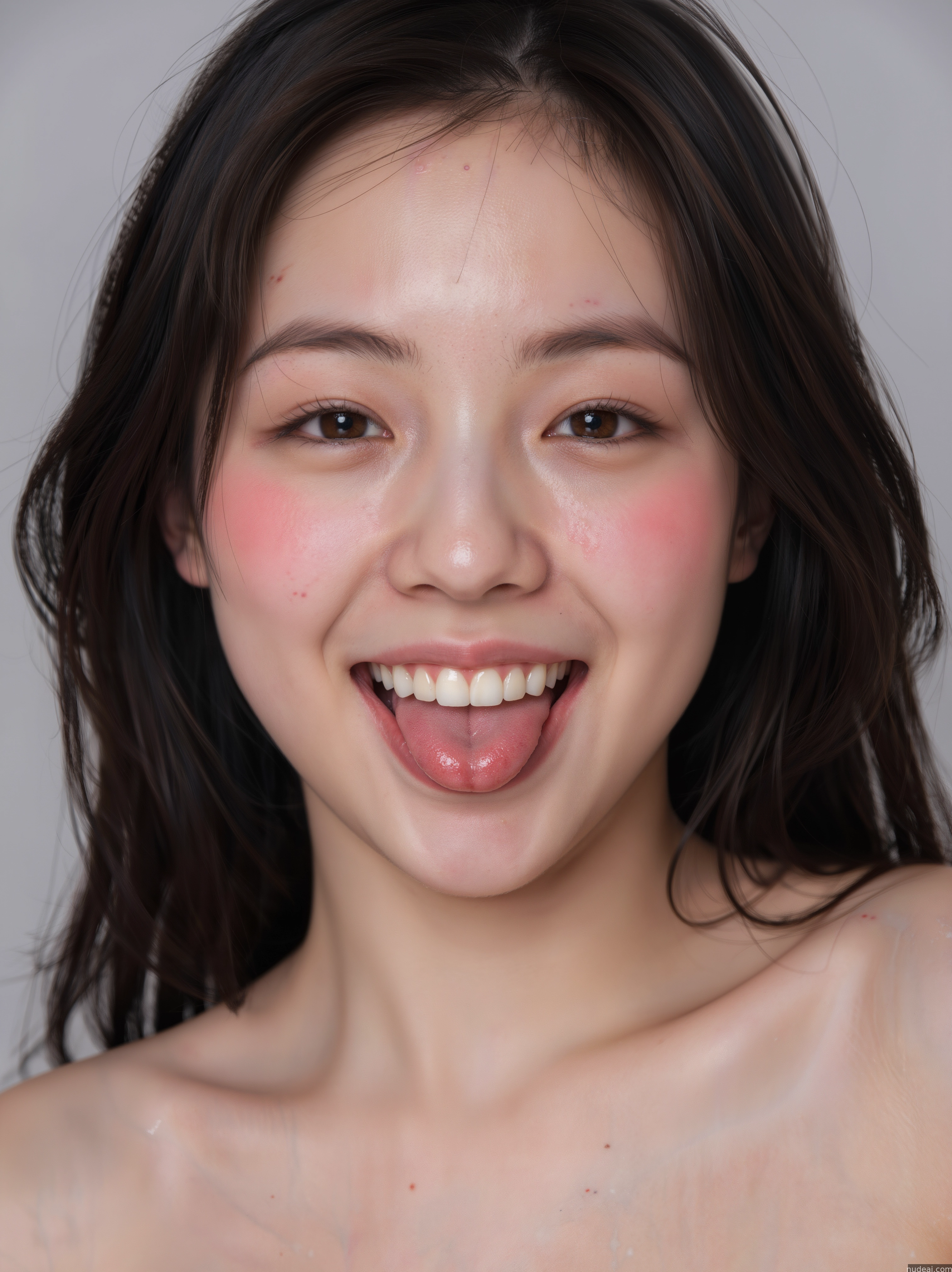 arafed asian woman with a pink lip and a white shirt
