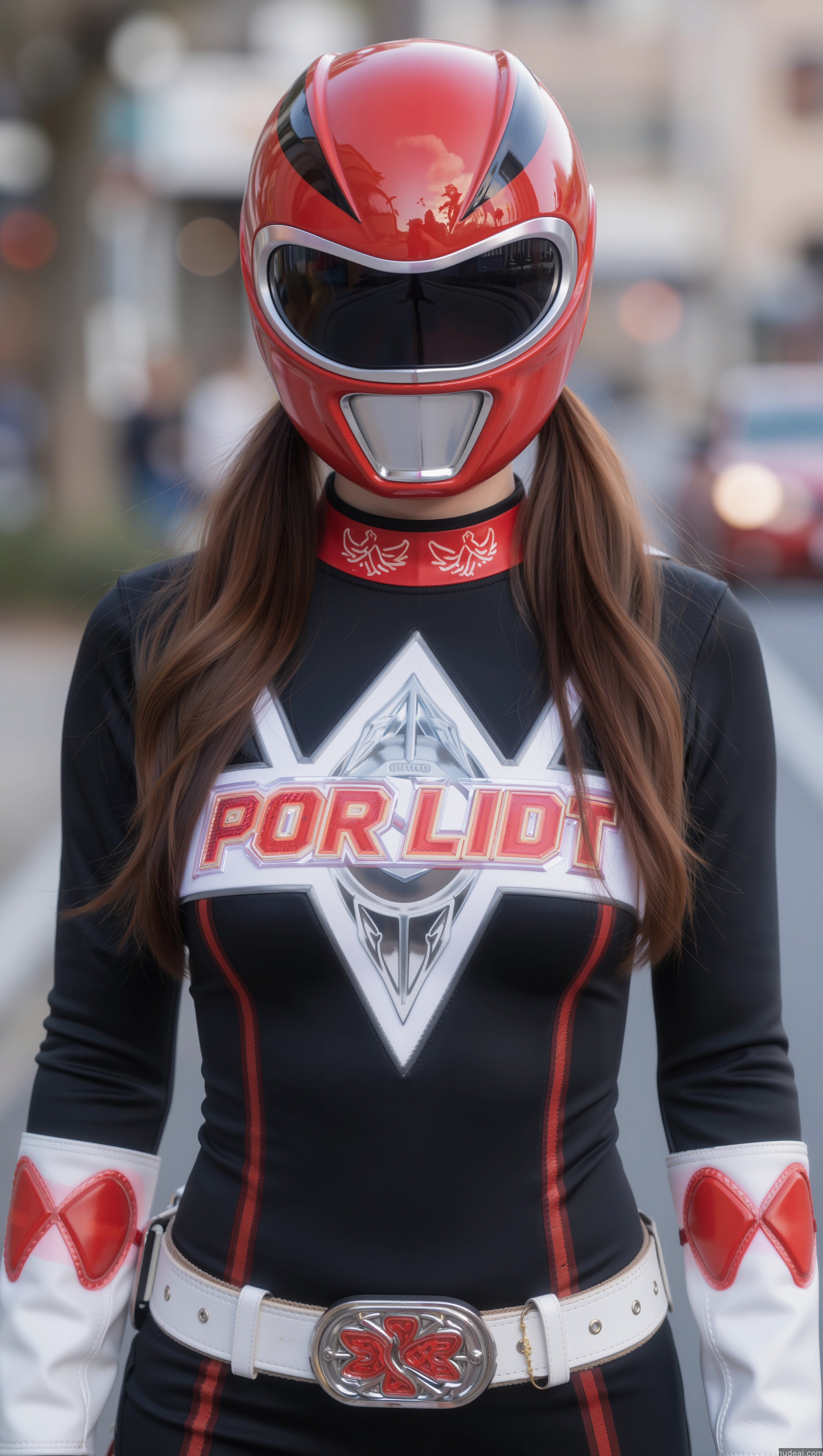 woman in a black and red power ranger costume standing on a street