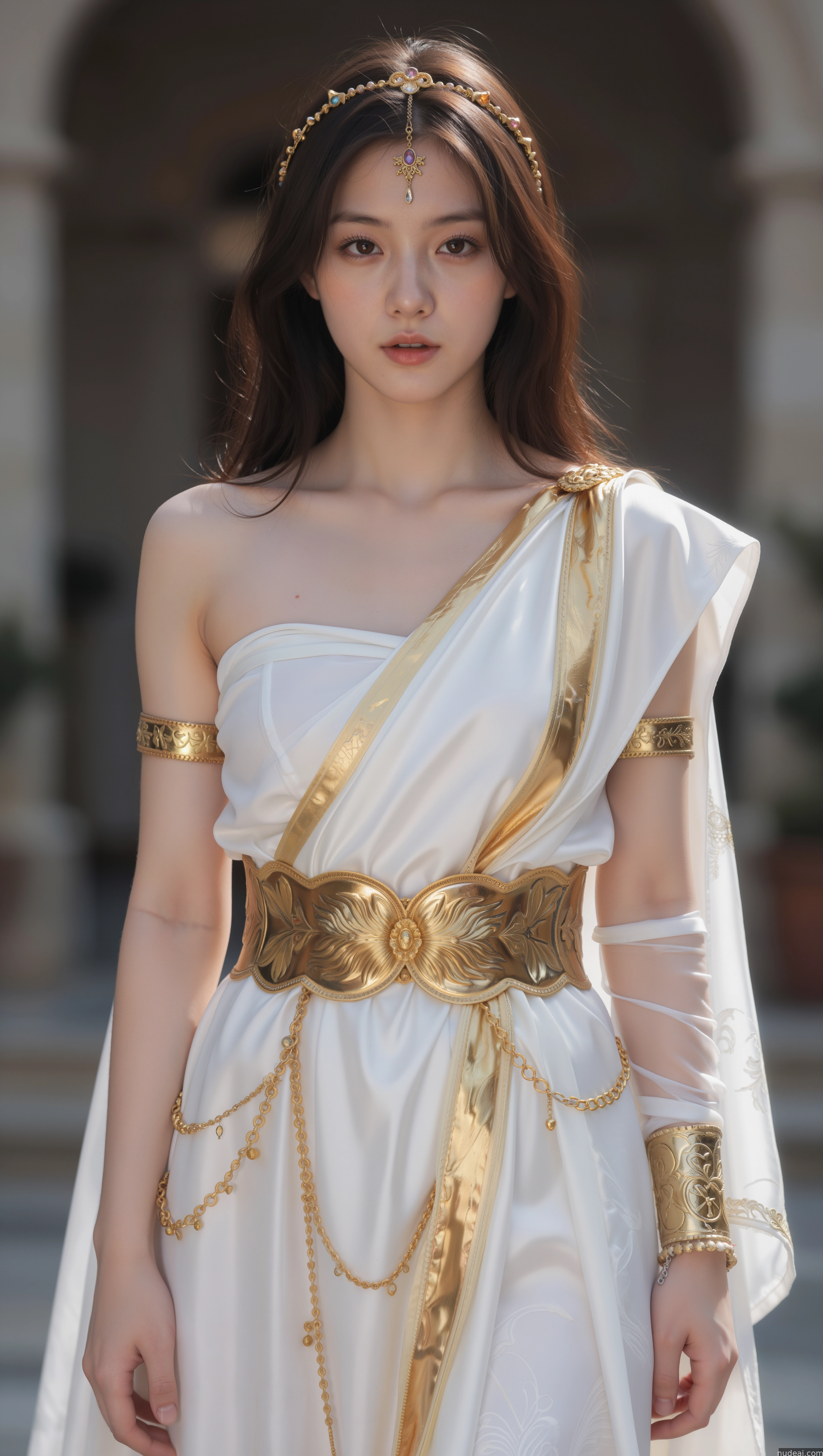 arafed woman in a white dress with gold chains and a gold belt