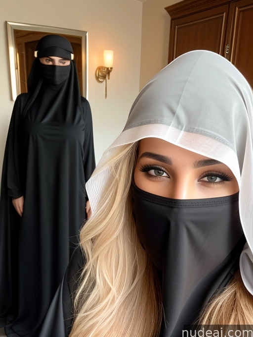blond woman wearing a black veil and a black veil covering her face