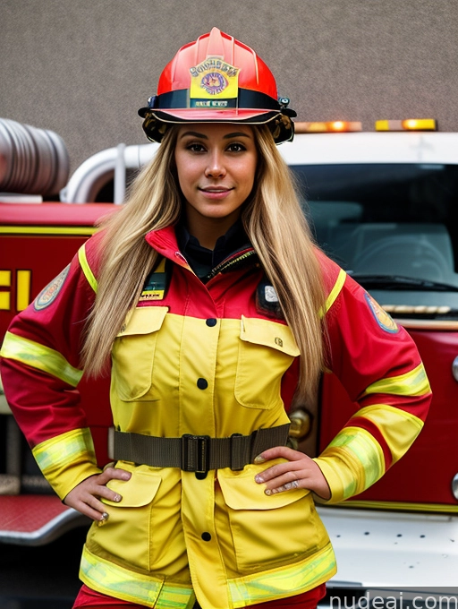 arafed woman in a firefighter's uniform standing in front of a fire truck