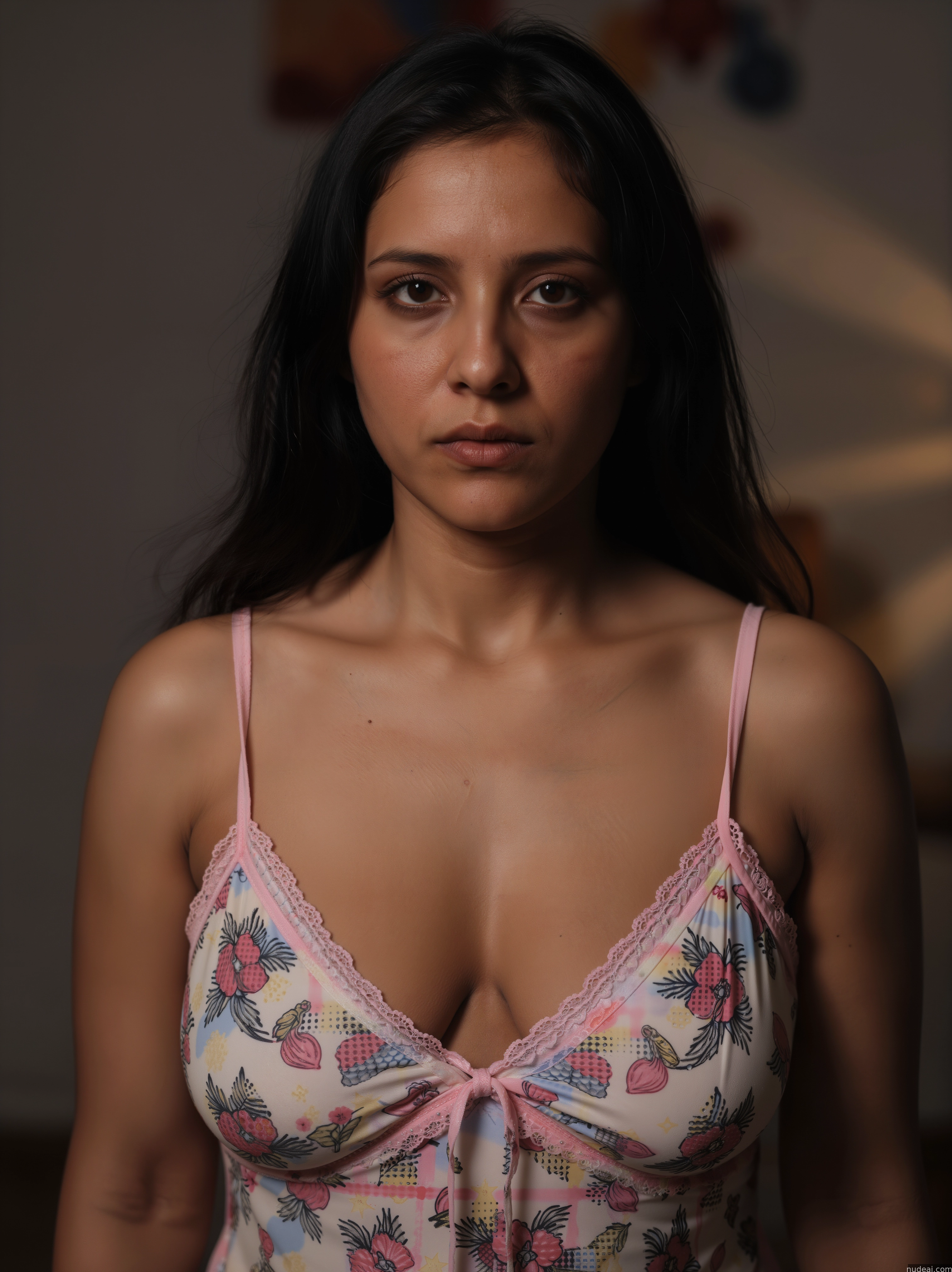 arafed woman in a floral dress with a pink bra