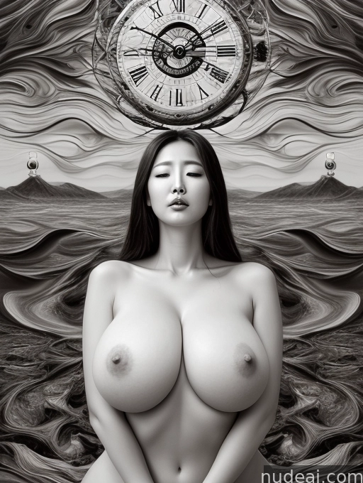 arafed woman with a clock above her head and a large breast