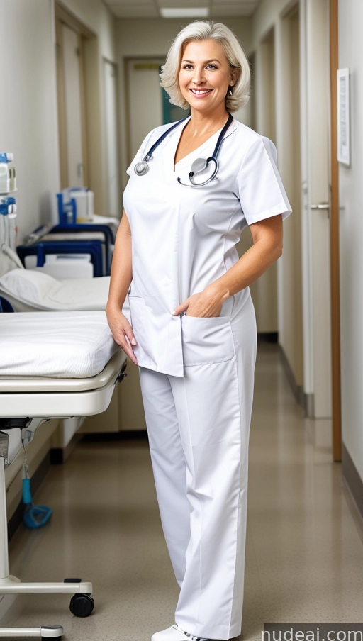 smiling nurse standing in hospital hallway with medical equipment