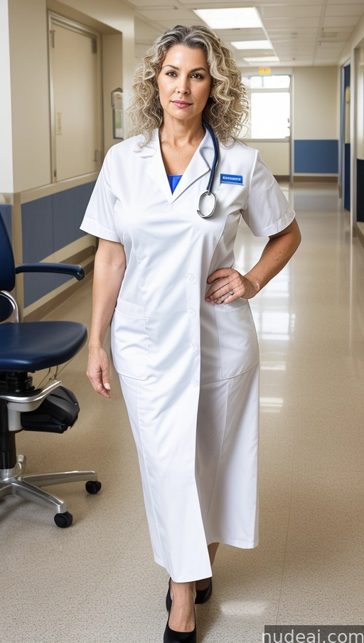 arafed woman in a white lab coat standing in a hospital hallway