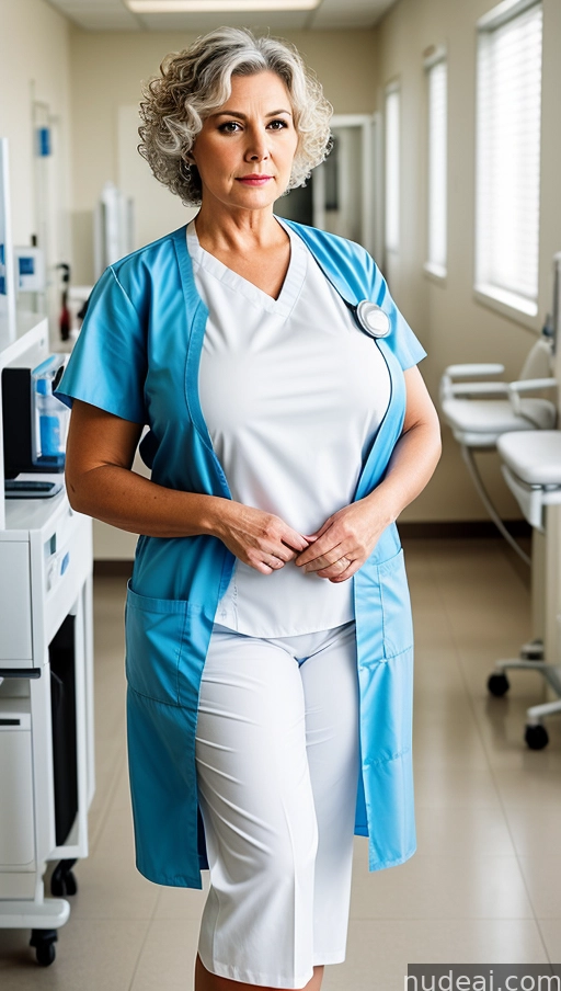 there is a woman in a blue scrub suit standing in a hospital