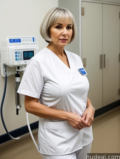 there is a woman in a white uniform standing in a hospital room