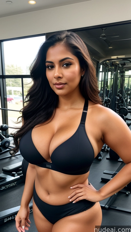 arafed woman in a black bikini posing in a gym