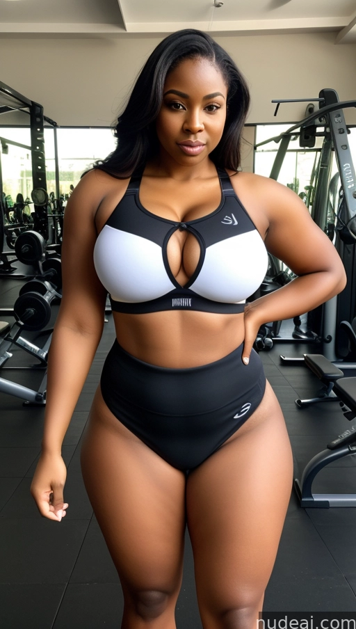 arafed woman in a black and white bikini posing in a gym