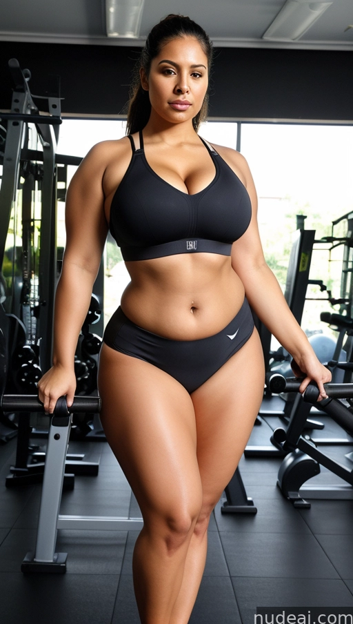 arafed woman in a black bikini posing in a gym