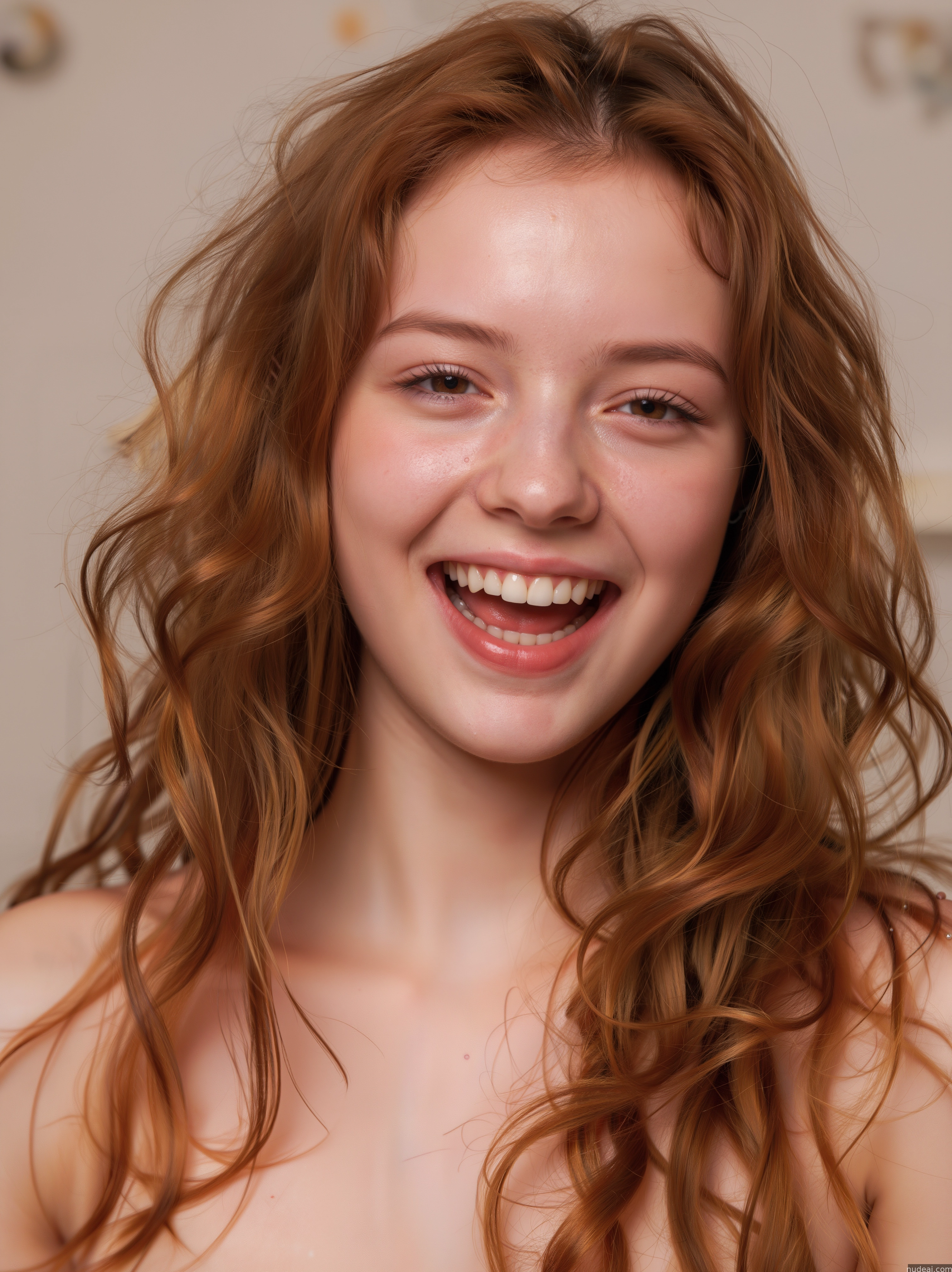 arafed woman with red hair smiling and wearing a white shirt