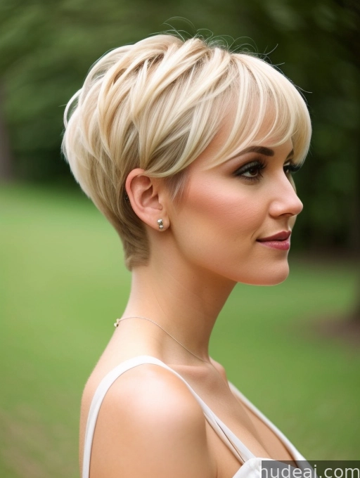 a close up of a woman with a short blond haircut