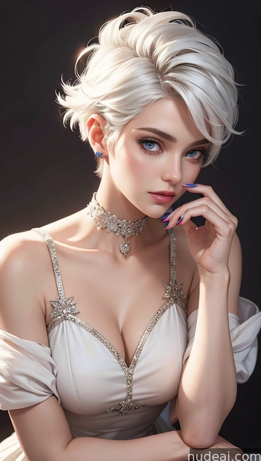 blond woman with blue eyes and a white dress posing for a picture