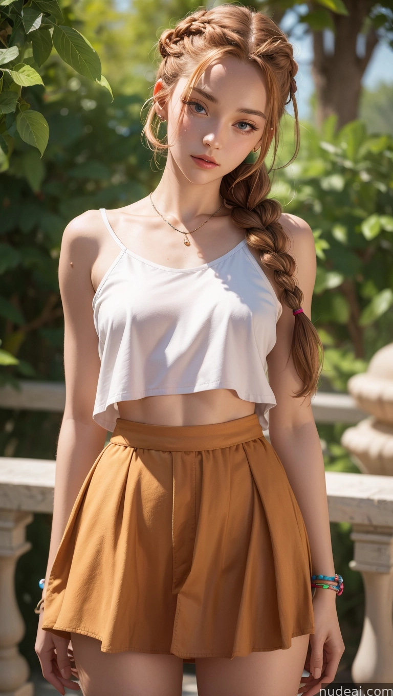 arafed woman in a white top and brown shorts posing for a picture