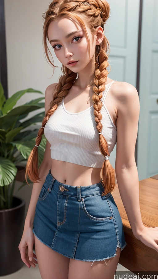 there is a woman with long red hair wearing a white top and denim shorts