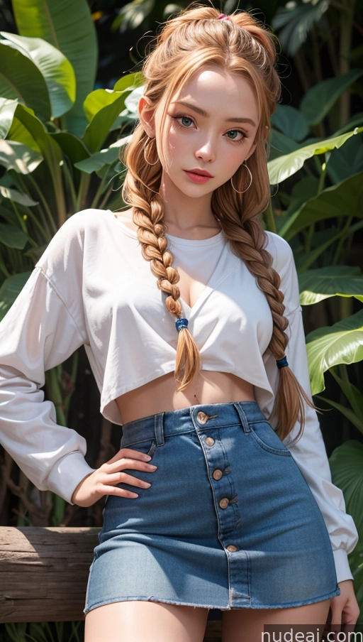 arafed woman with long hair wearing a white shirt and denim skirt