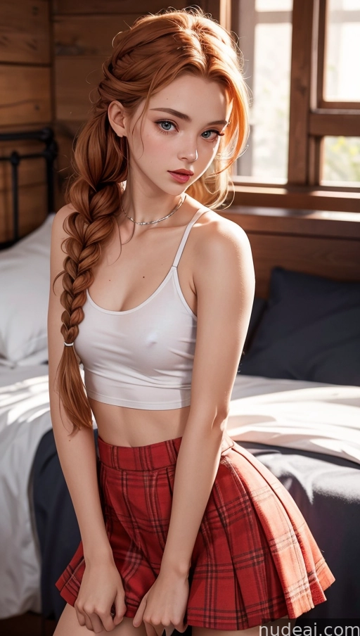 arafed woman in a skirt and white top sitting on a bed