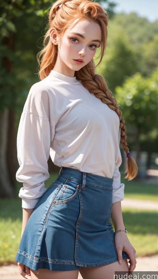 arafed woman with long red hair wearing a white shirt and denim skirt