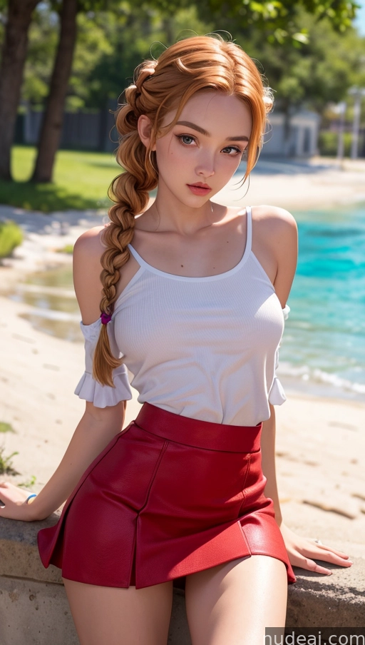 blond woman with long red hair posing on a stone wall