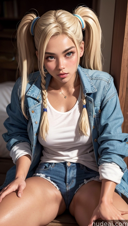 blond woman with ponytail sitting on bed in denim jacket and jeans shorts