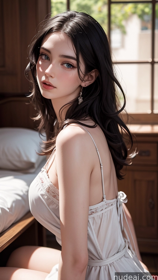 araffed woman in a white dress sitting on a bed