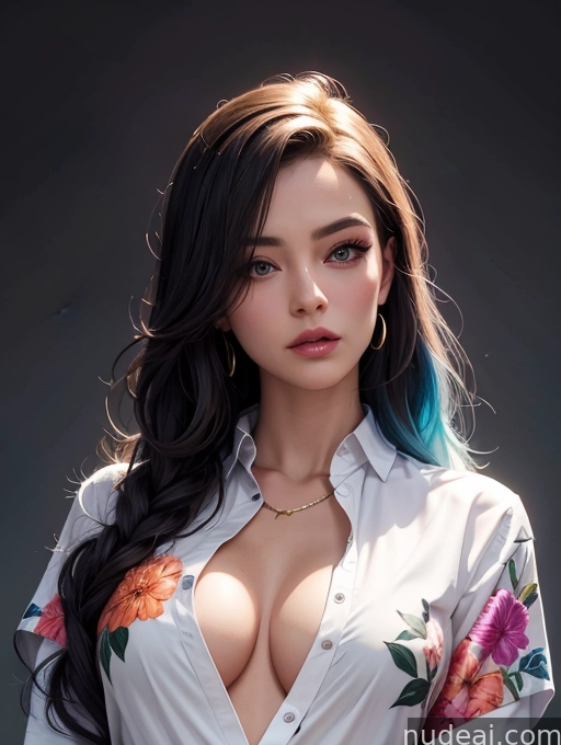 a close up of a woman with long hair wearing a white shirt