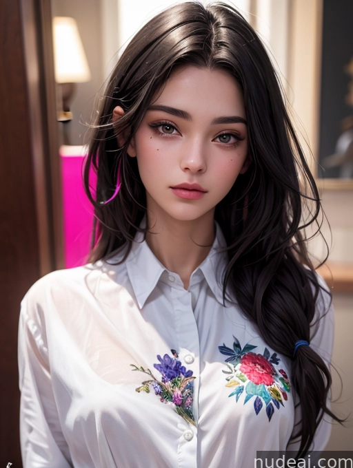 arafed woman with long black hair wearing a white shirt