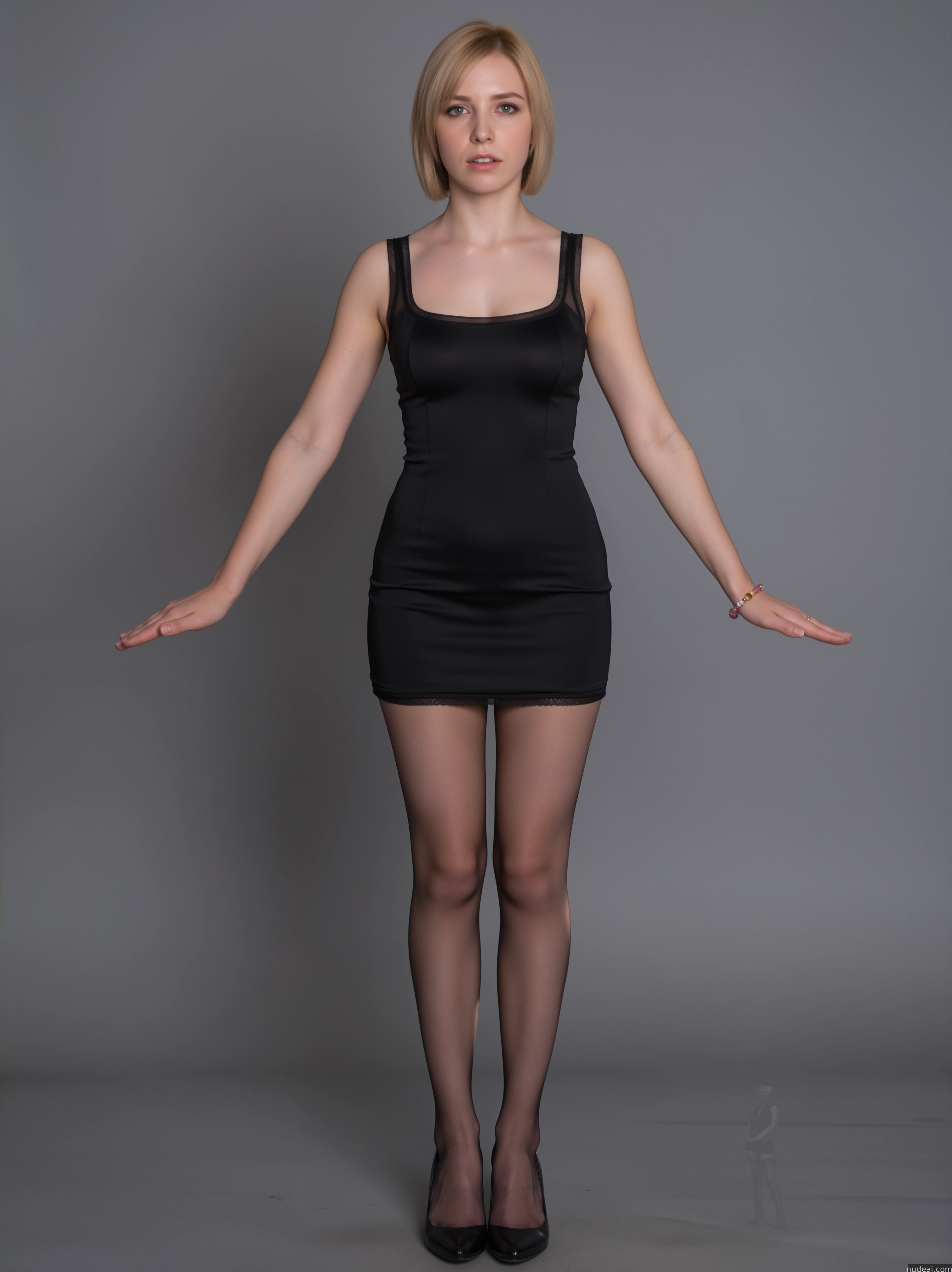 arafed woman in a black dress and stockings posing for a picture