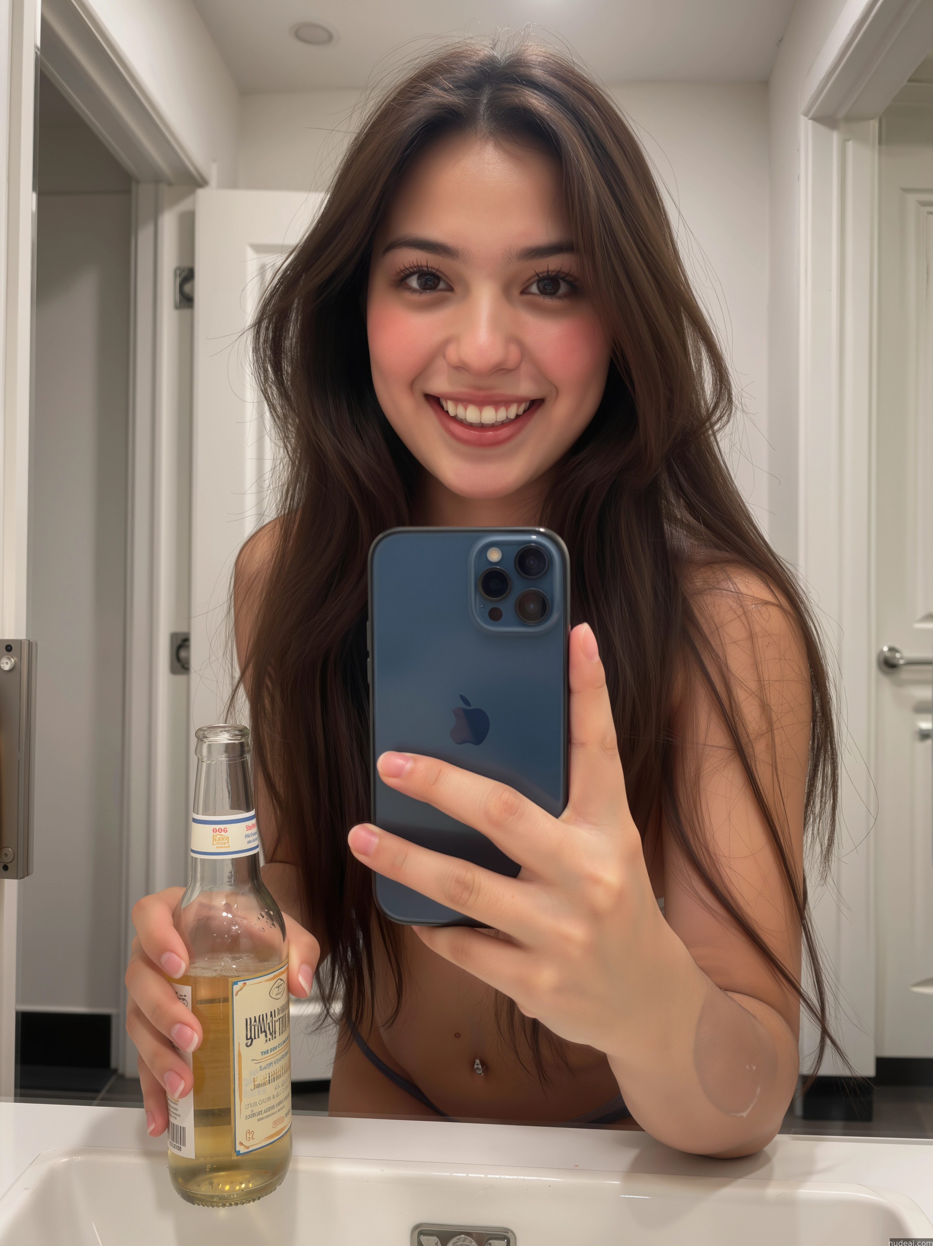 arafed woman taking a selfie in a bathroom with a bottle of alcohol