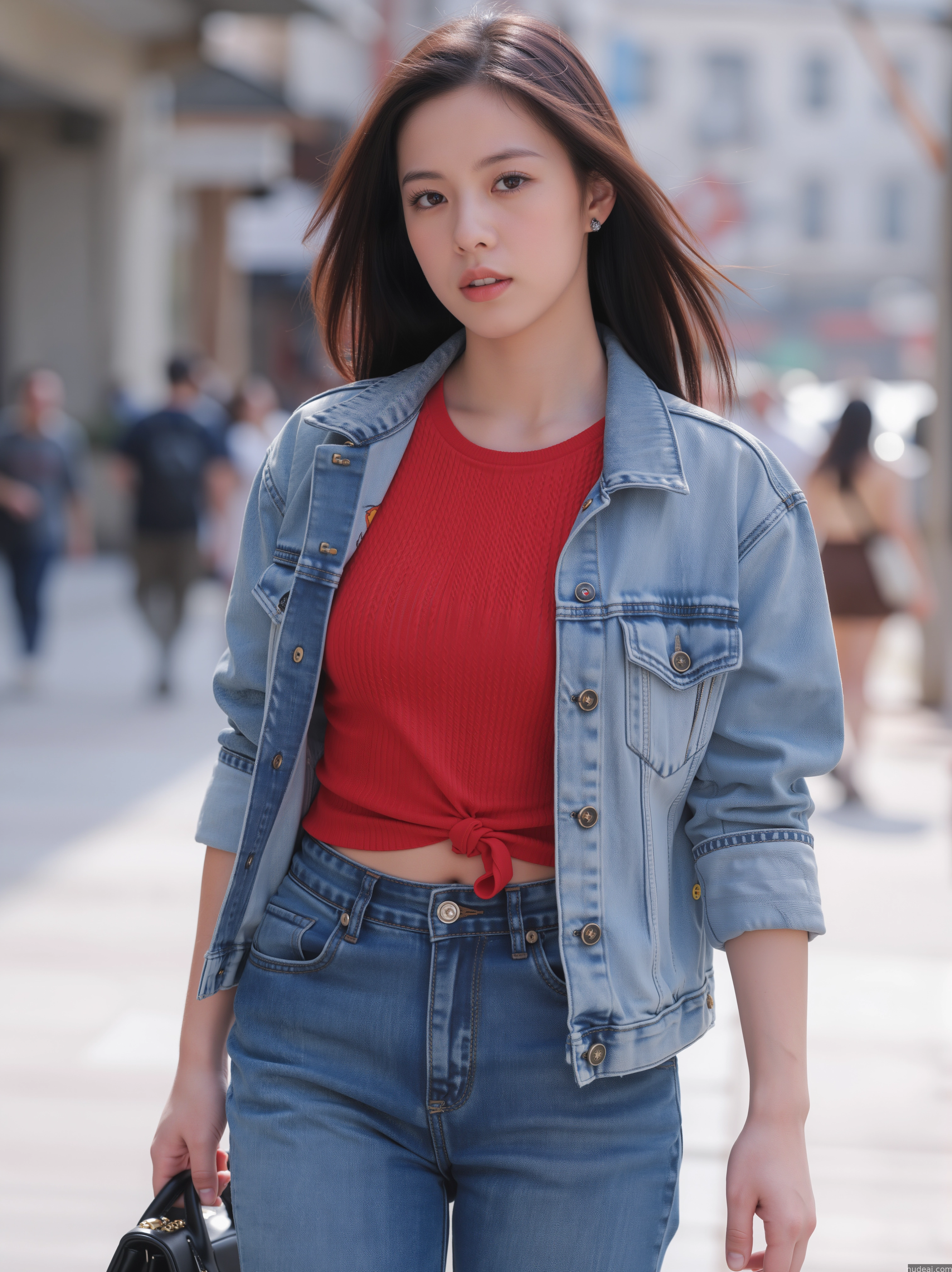 woman in red top and jeans walking down a city street