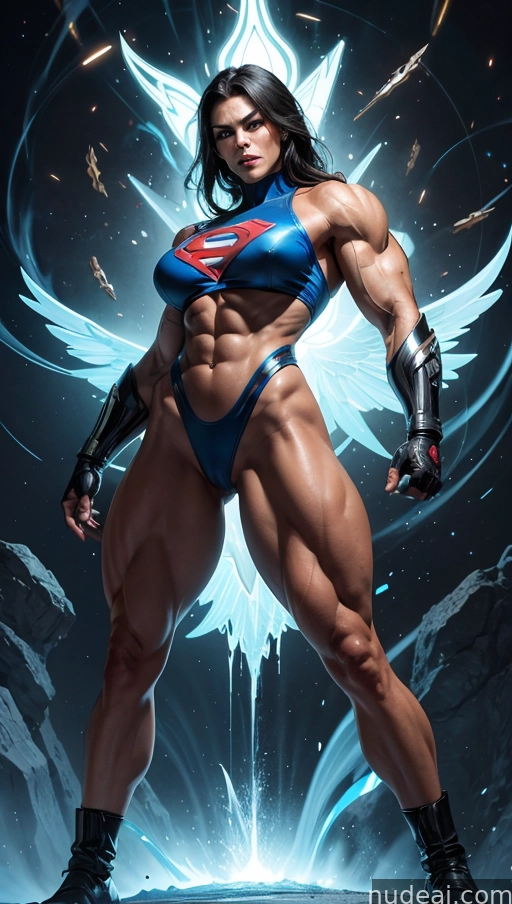 arafed female superhero posing in a blue bikini and black gloves