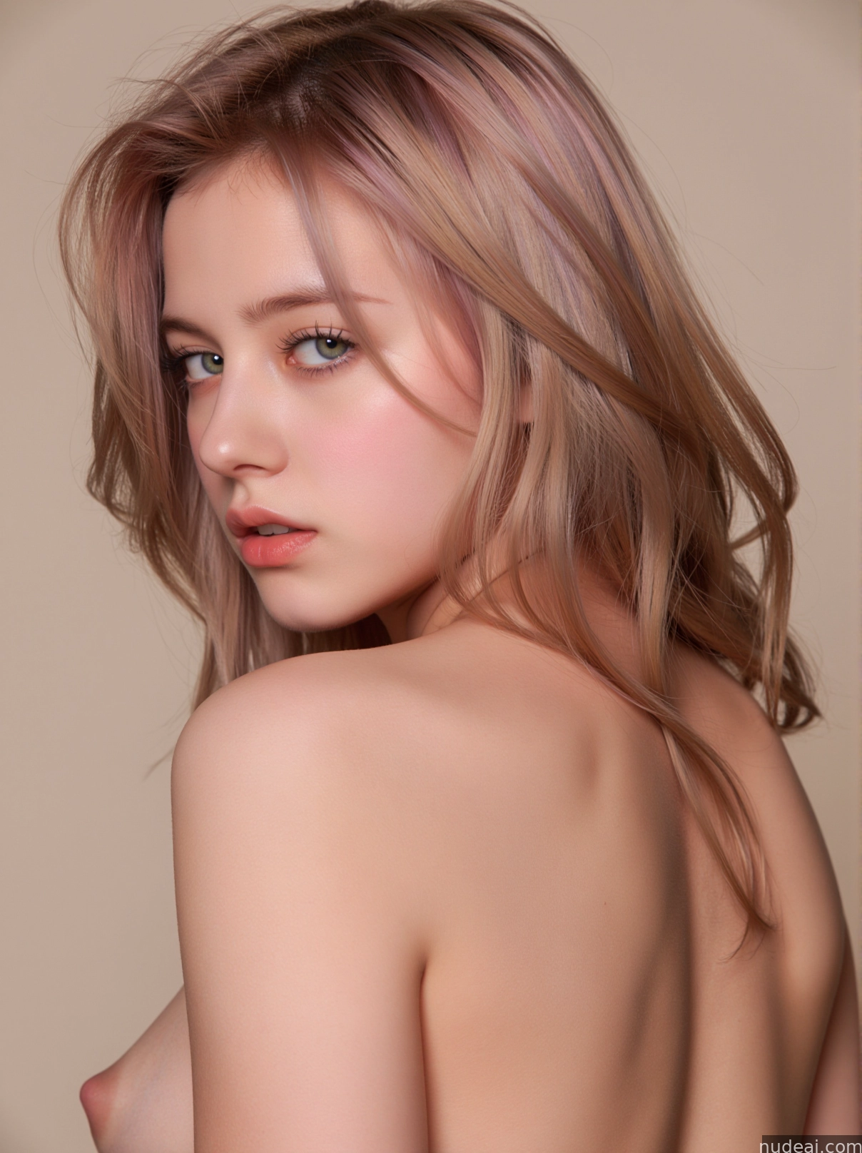nude woman with pink hair and blue eyes posing for a picture