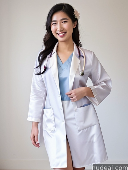 arafed woman in a white lab coat and blue top
