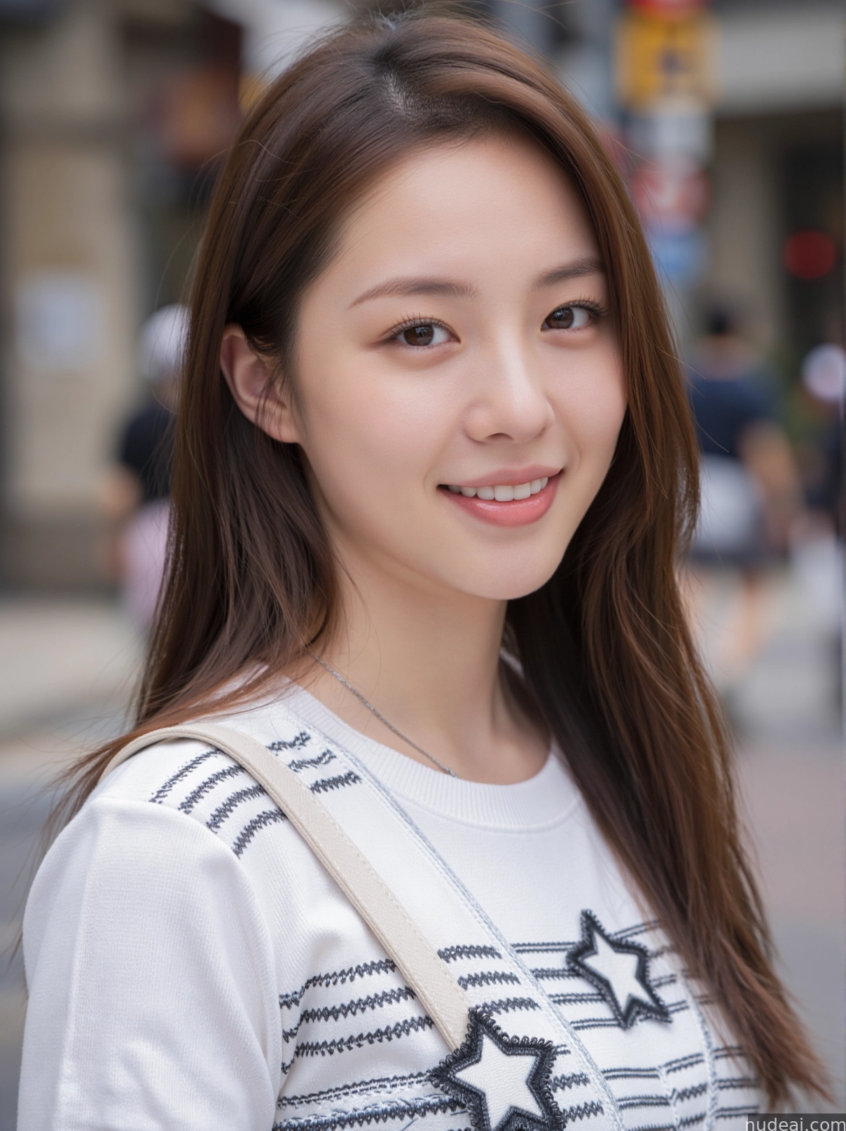 arafed asian woman with long brown hair and a white shirt