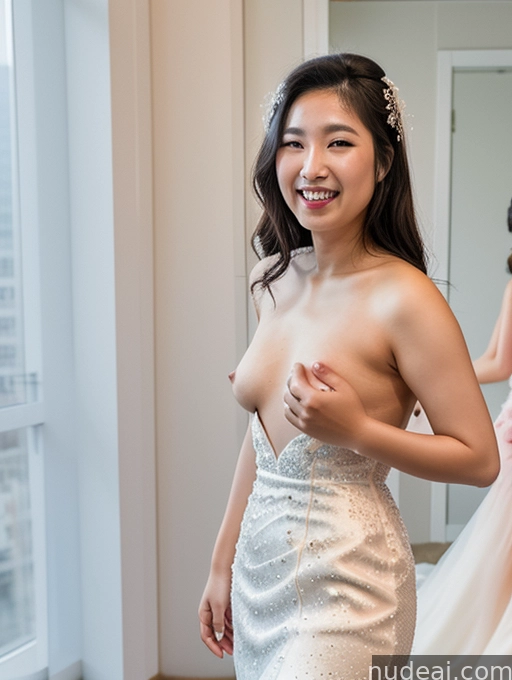 there is a woman in a wedding dress smiling in a mirror