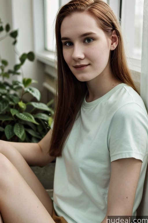 there is a young woman sitting on the floor next to a window