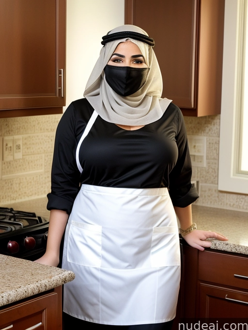woman wearing a black and white apron and a black mask