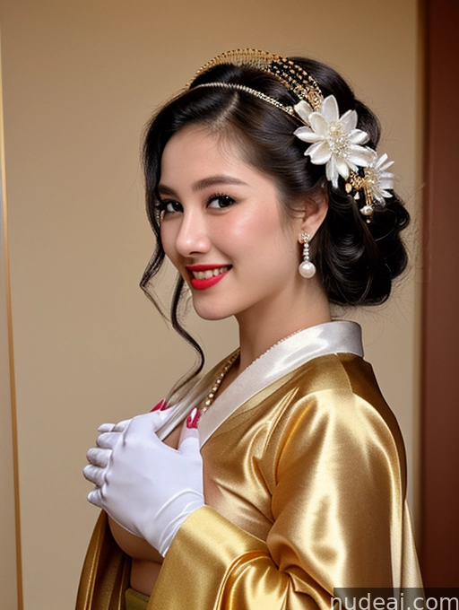 araffe woman in a gold dress and white gloves posing for a picture