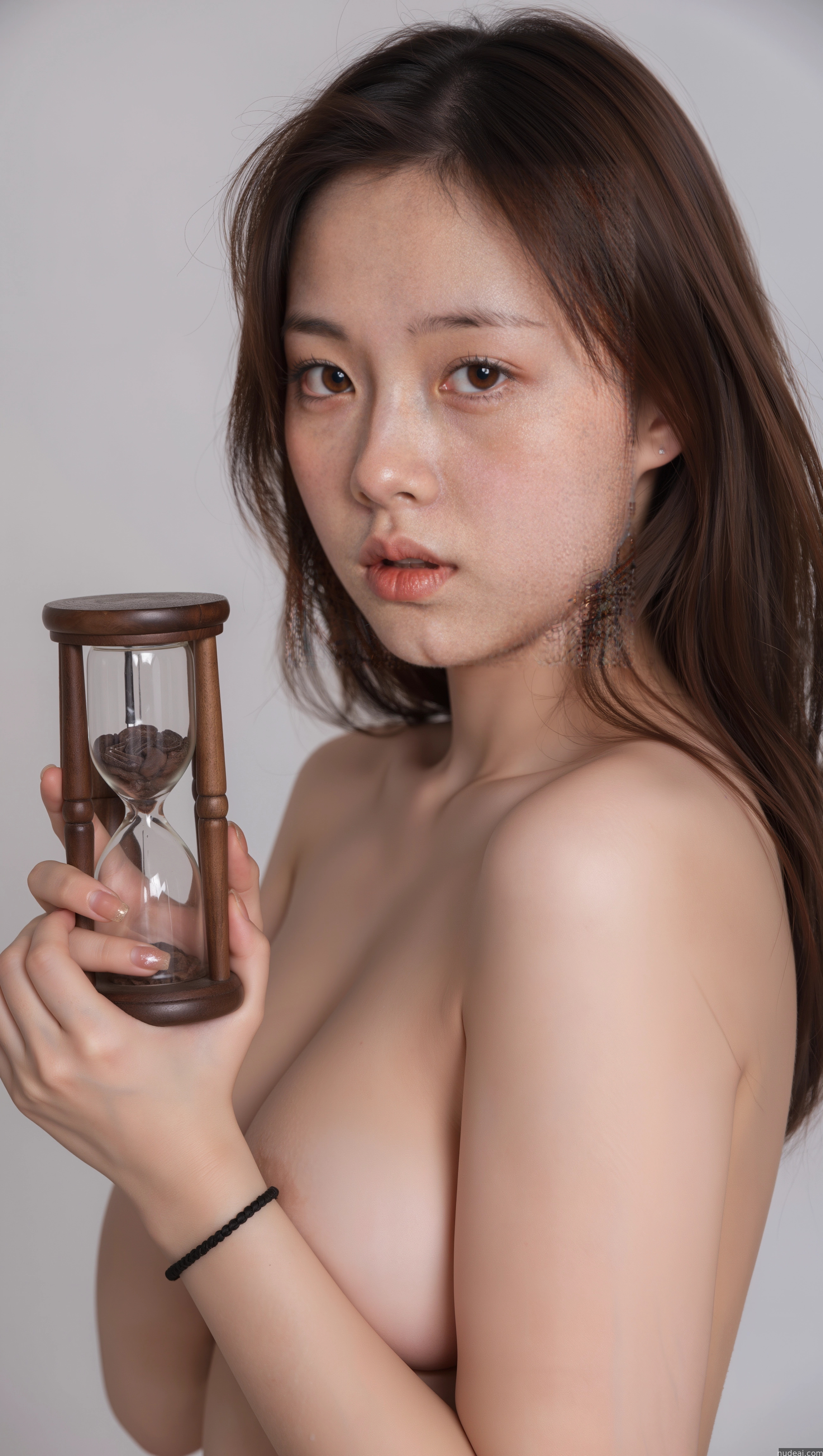 arafed asian woman holding a hourglass with a sad look on her face