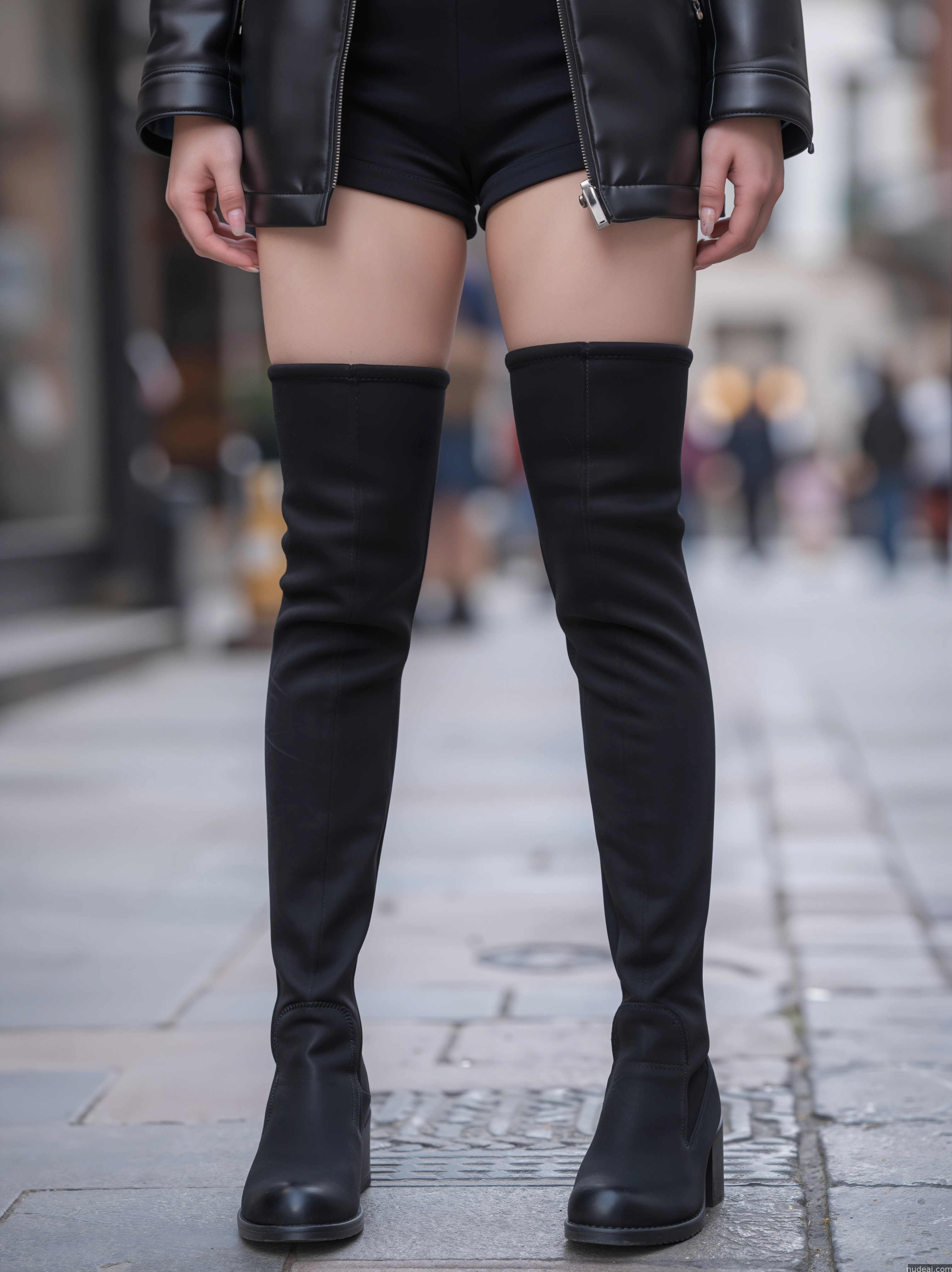 araffe wearing black thigh high boots and a black jacket