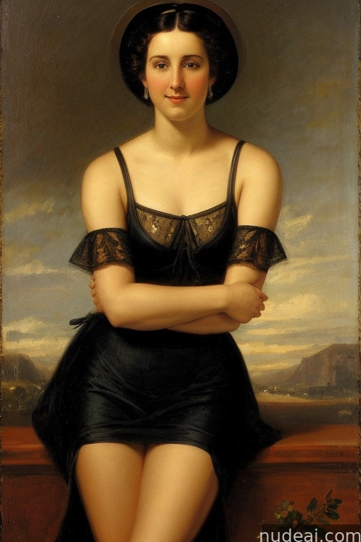 a painting of a woman in a black dress and hat