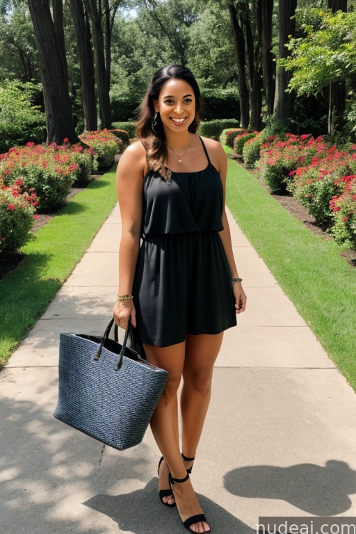 arafed woman in a black dress and sandals holding a blue bag
