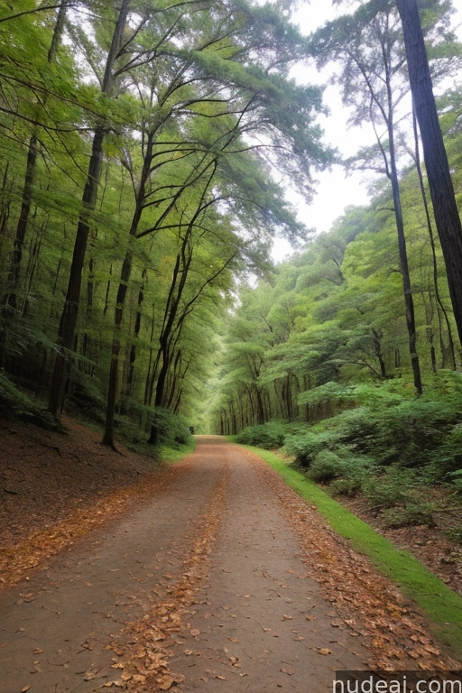 arafed view of a dirt road in a forest with tall trees