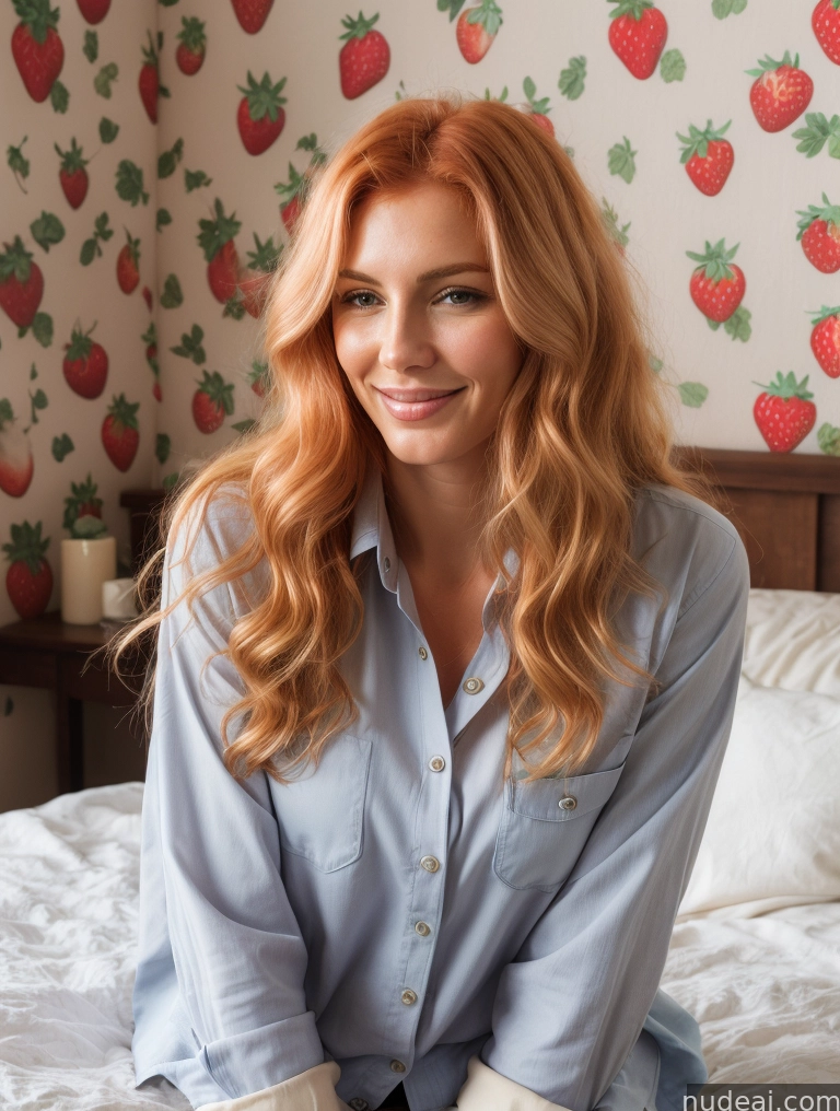 arafed woman sitting on a bed with a strawberry wallpaper