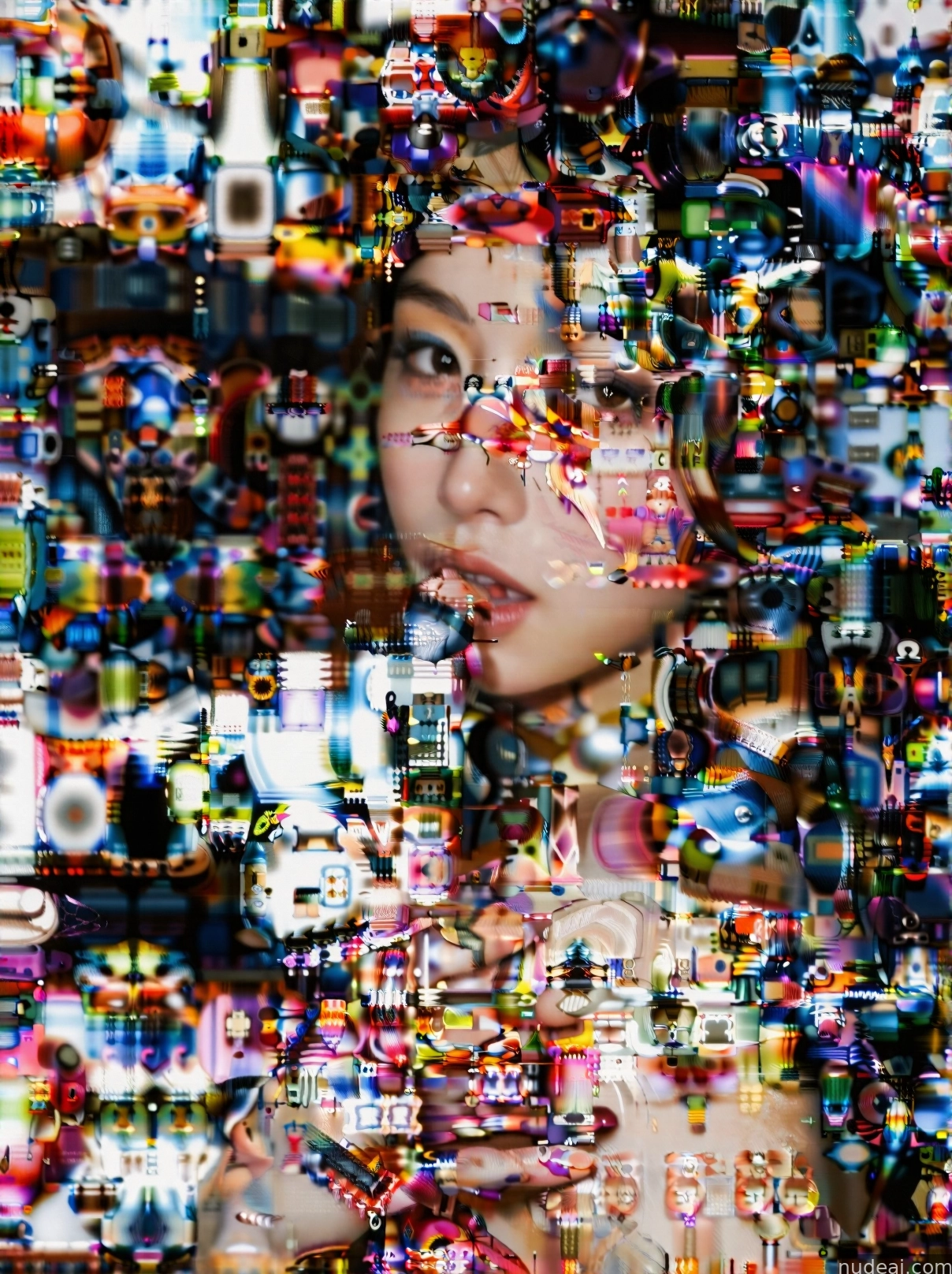 arafed image of a woman with a camera and a lot of pictures