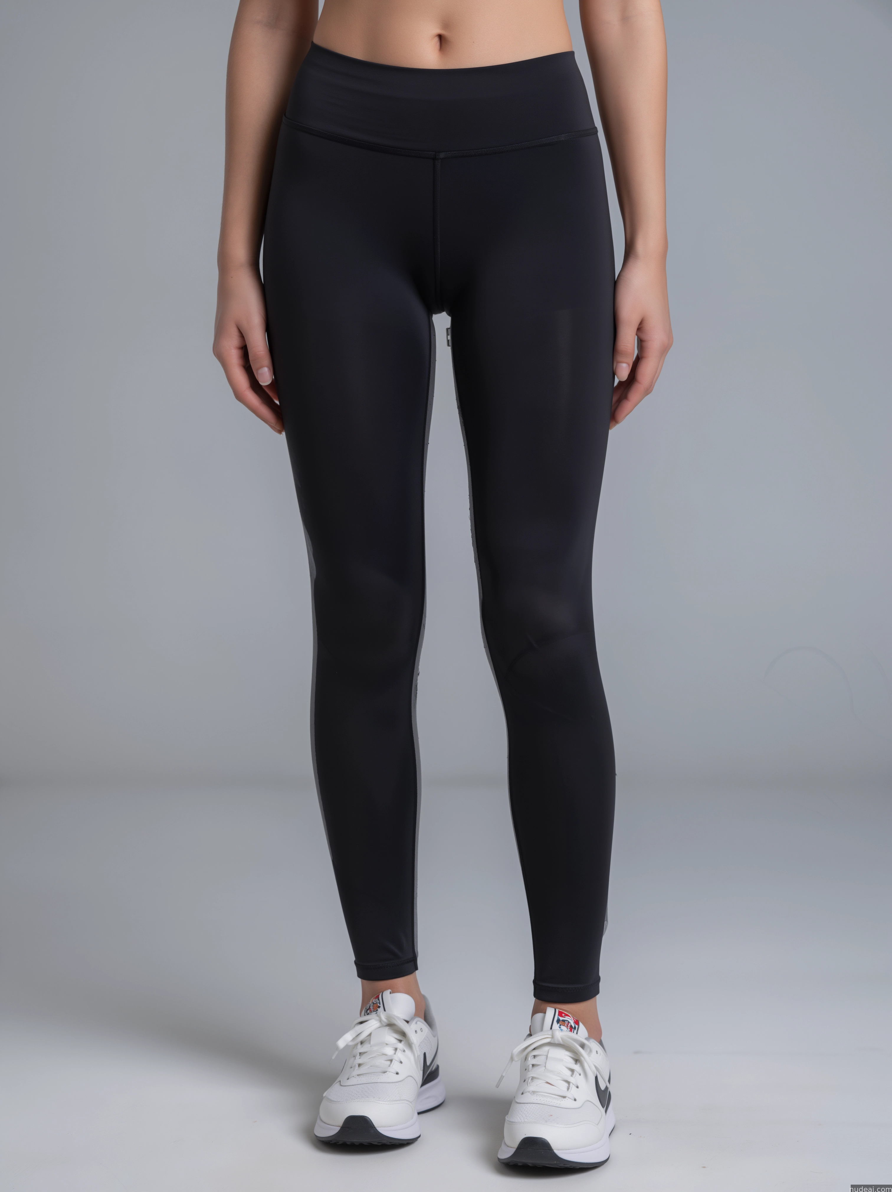 a woman in black leggings and white sneakers stands in front of a gray background