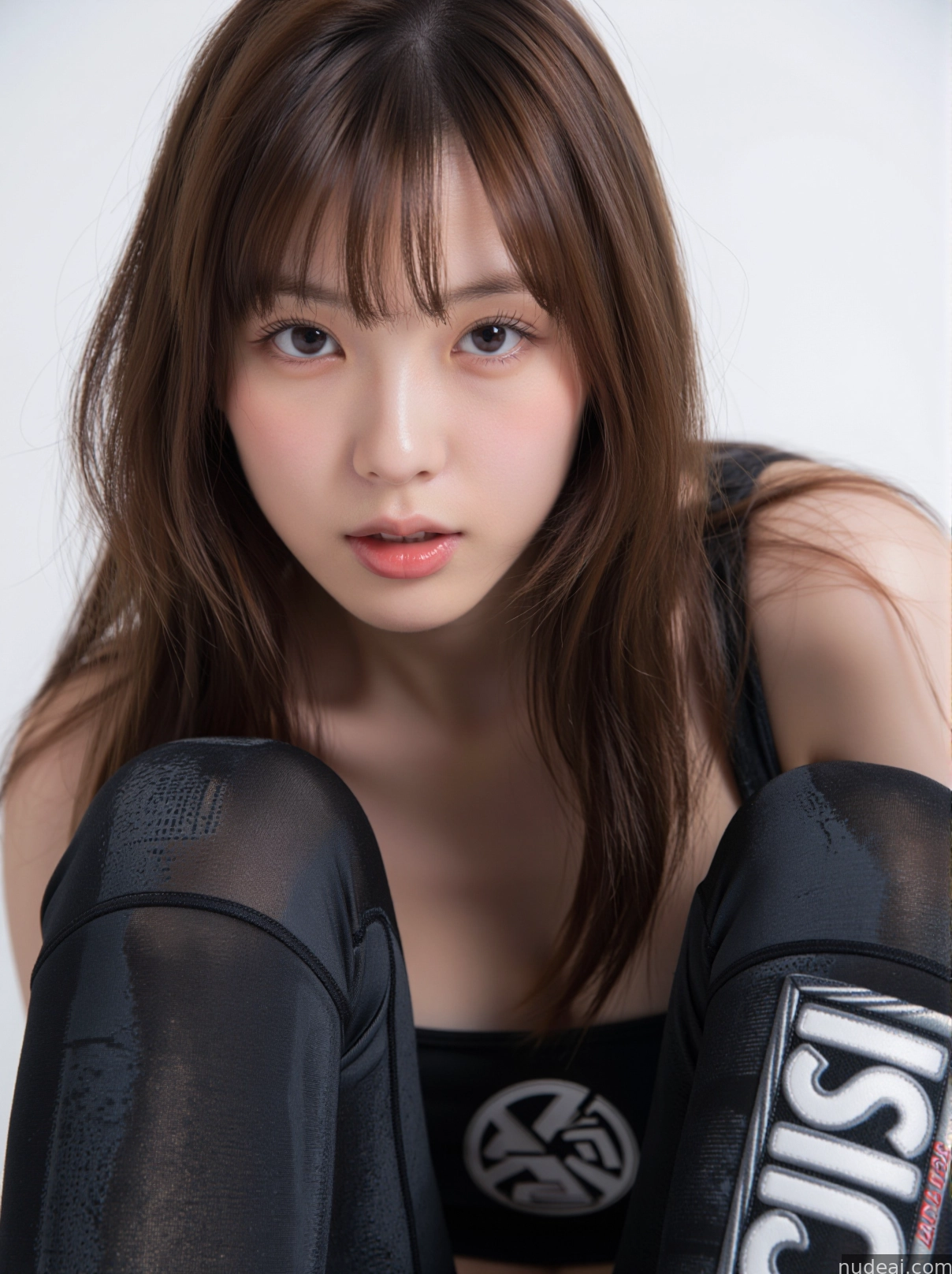arafed asian woman in black top and knee pads posing for a picture
