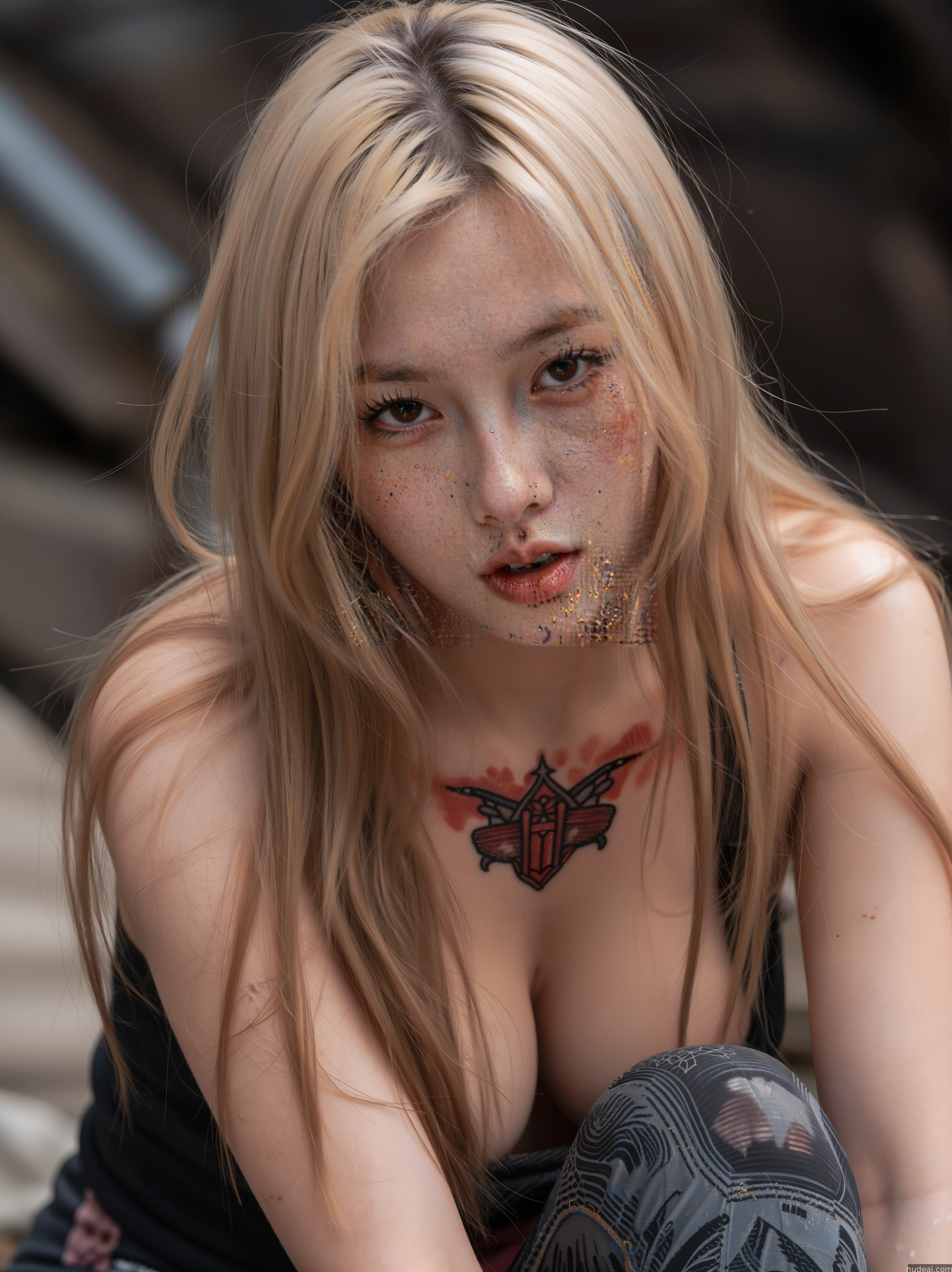 blond woman with tattoos and piercings sitting on a bed