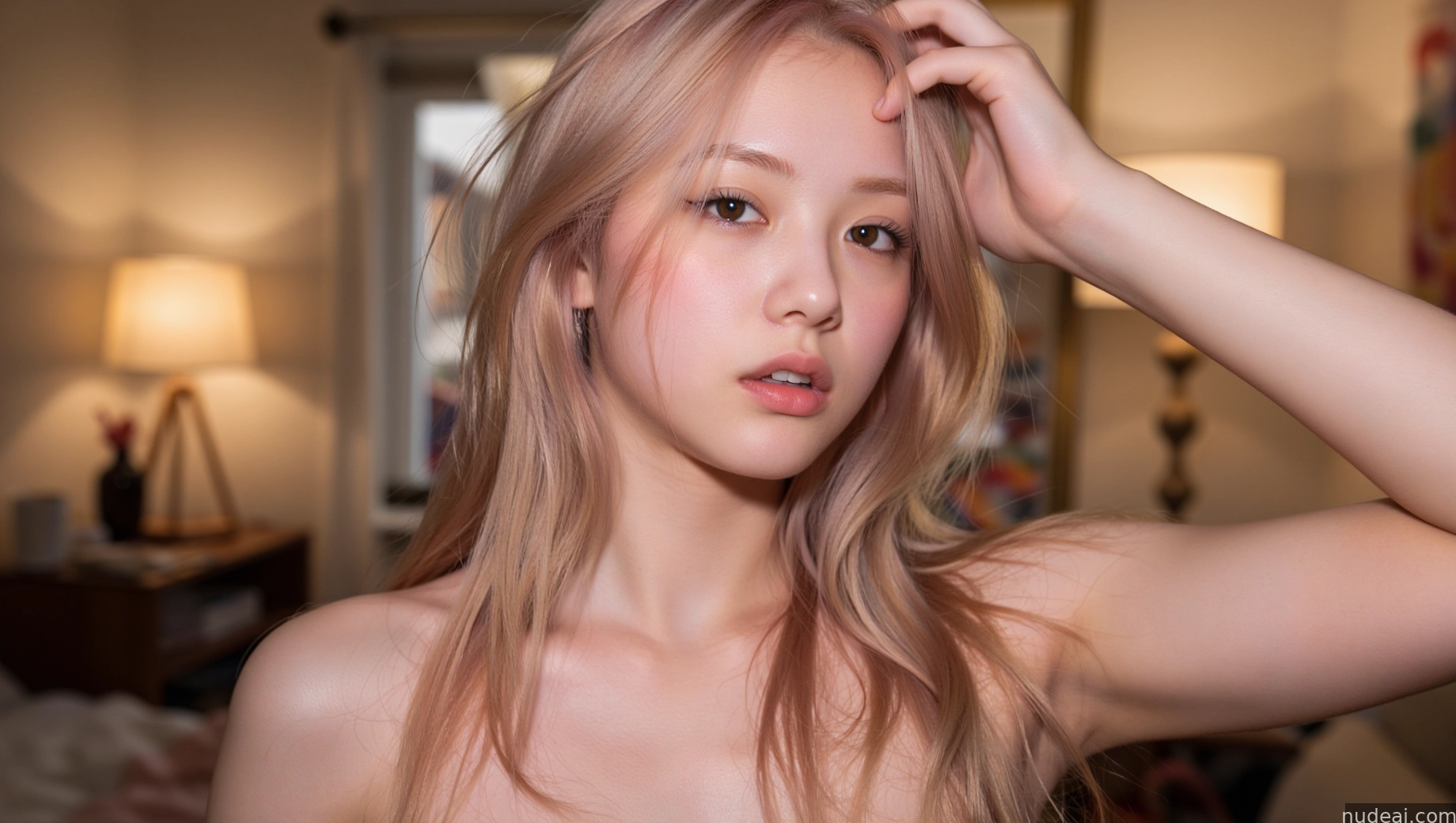 blond woman with long hair and a black bra top posing for a picture