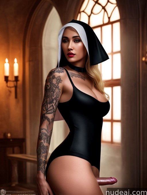 a close up of a woman in a black bodysuit with a nun hat